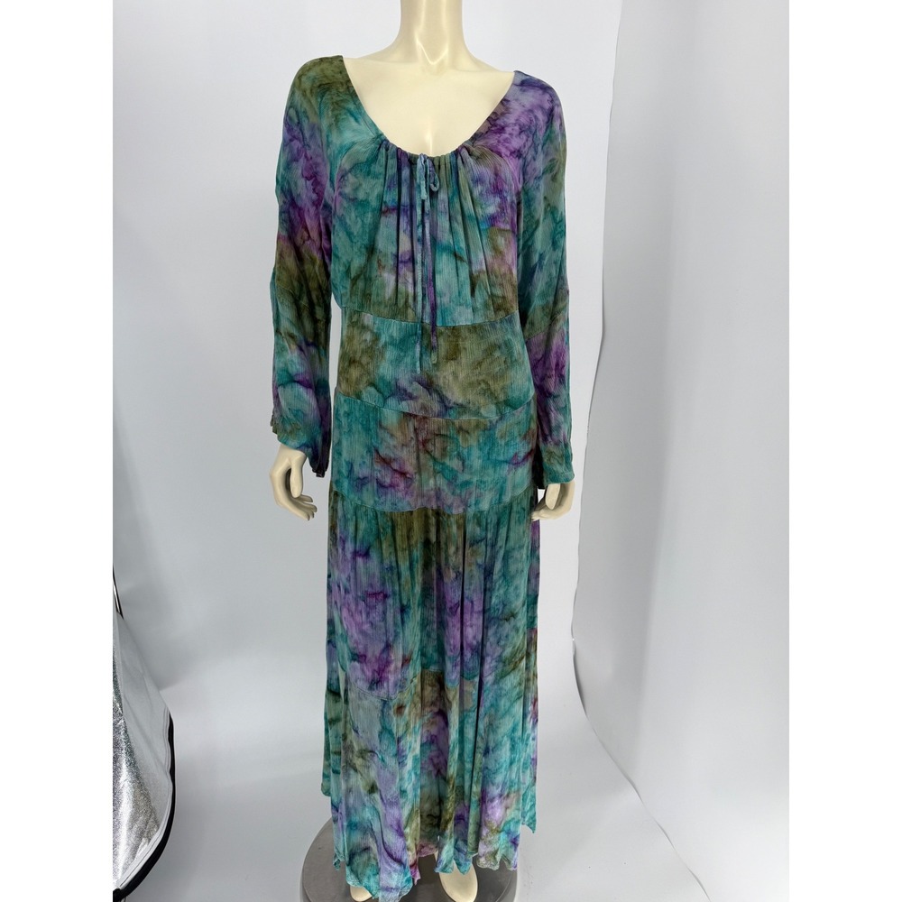 Vintage Tie Dye Bohemian Maxi Dress Teal Purple Long Sleeve